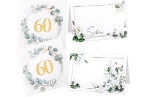 TUTUKYLE 20 Stück Tischkarten und 20 Servietten 60 Geburtstag, 60. Geburtstag Servietten Eukalyptus Tischdeko, Namenskarten mit Schön Dass Du Da Bist für 60 Geburtstagsdeko Jubiläum Frau Mann