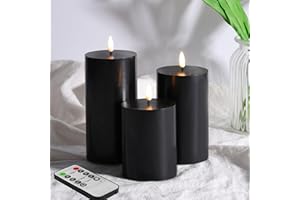 Eywamage Black Flameless Halloween Pillar Candles with Remote, Real Wax Flickering LED Battery Candles Set of 3