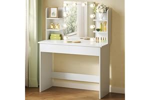 WOLTU Postazione Trucco, Toeletta Trucco con Luci, Toeletta Trucco,Scrivania con Specchio e 10 Lampadine LED Dimmerabili,2 Cassetti e 4 Ripiani,Comò per Camera da Letto in Legno, Bianco, 90x40x135cm