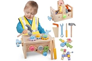 PLUNACK Wooden Tool Set for Kids 2 3 4 5 Year Old, Toddler Tool Box Kids Tool Bench With Roleplay Vest, 30Pcs Montessori Toys for 3 Year Old Construction Preschool Learning Activities Gifts for Boys Girls