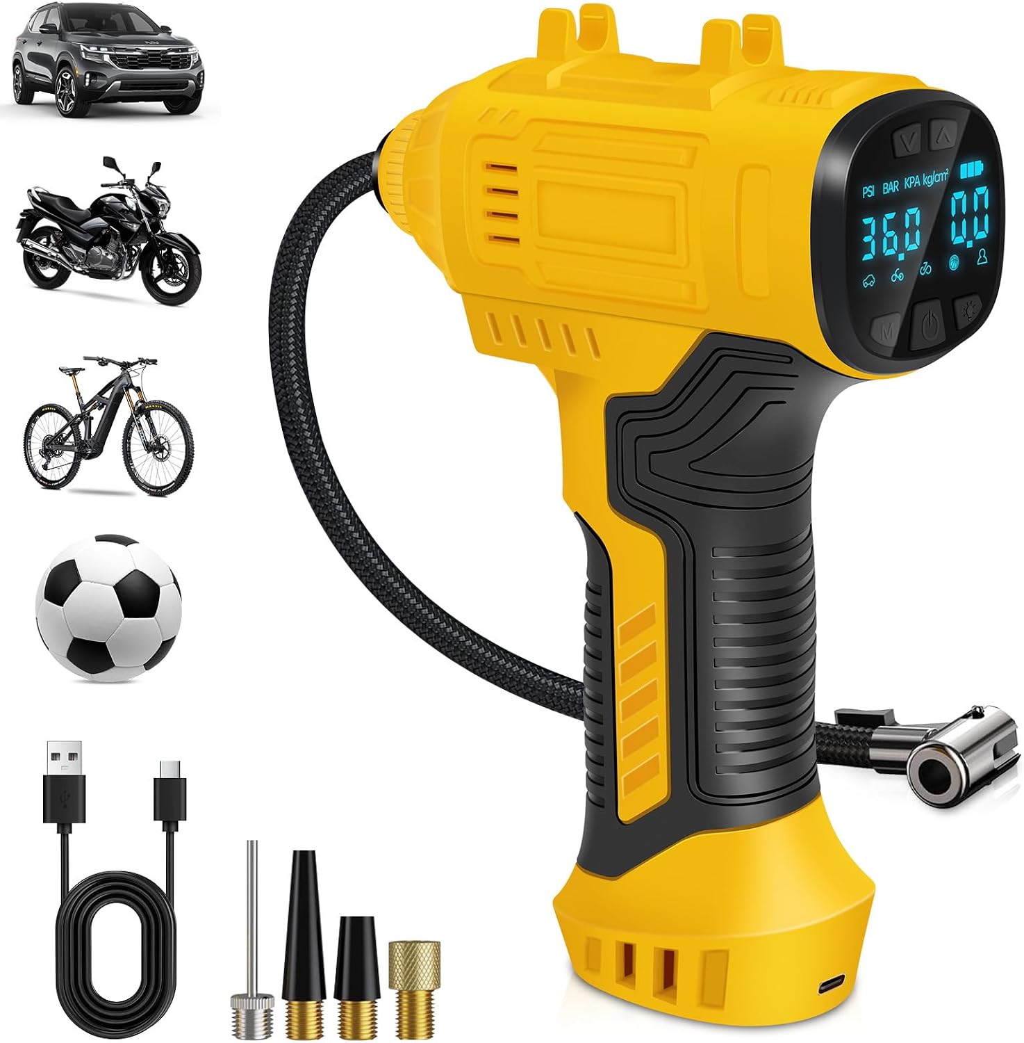 Cordless Tyre Inflator Air Compressor, 25L/min Hand Held Digital Tyre Pump with Pressure Gauge, Rechargeable Battery, Portable Car Accessories with LED Light Electric Pump for Car/Bike/Motorcycle/Ball