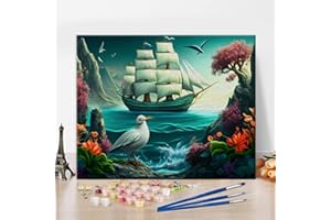 TISHIRON Malowanie według liczb dla dorosłych, początkujących, żaglówka w morzu i ptakach, malowanie olejne, zestaw do malowania według liczb na płótnie, kolorowe kwiaty, malowanie według liczb, dla dzieci w