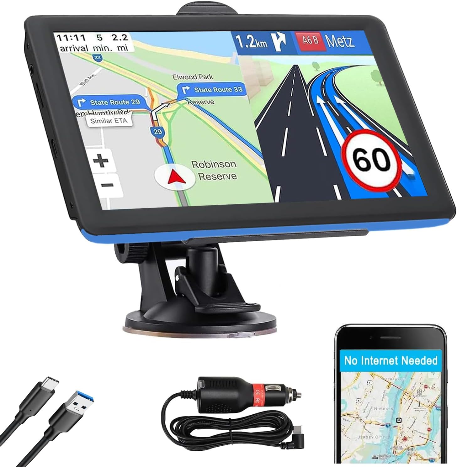 7" GPS Sat Nav for Truck Car RV, Offline Navigation UK & Europe Maps HD Touchscreen, Voice Guidance, Type-C, Sun Visor & Mount, Speed Limit Warnings, Postcode Search Quick GPS Fix