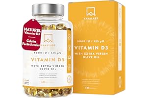 AAVALABS Vitamine D3 Naturelle Haute Concentration 5000 UI - Vitamine D avec Huile d’Olive Extra Vierge pour Absorption Optimale - Vitamines pour les Fonctions Osseuse, Musculaire, Immunitaire - 365 Gélules
