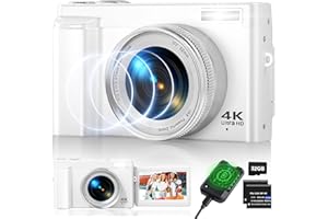 KOASDVS Appareil Photo Numérique 4K, 48MP Autofocus Appareil Photo avec Carte 32G, 2.7'' 180°écran Rabattable Digital Camera 16X Zoom, Appareil Photo Compact pour Adolescents Débutants Adulte -Blanc