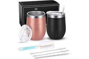 Joymaking 2 sztuki kieliszków do wina, ze stali nierdzewnej, z pokrywką, podwójne ścianki, niełamliwe, podróżne kubki na mleko, kawę, wino, piwo, szampana, koktajle, różowe złoto, czarny, 2 sztuki