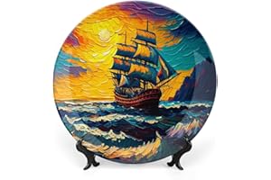 GOKAYS Decorative Plates for Home Decor, Nautical Ship Sailboat Painting Decorative Ornament for Table Display, Ceramic Plate W/Stand, Living Room Dining Room Decoration, Housewarming Gifts, 18 CM