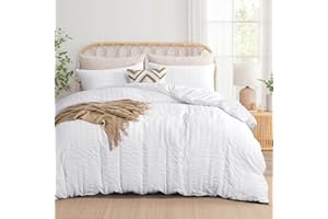 Aisbo Double Duvet Cover Set White Seersucker Bedding Set with 2 Pillowcases, Soft Breathable Textured Puckering Bed Quilt Cover Set with Zipper (200×200cm) 3pcs