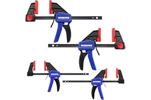 WORKPRO Jeu de 4 Serre-Joints à Libération Rapide, Largeur de Serrage 150 mm et 120 mm, Force de Serrage Maximale de 68 kg et 23 kg pour Travail du Bois, des Métaux et DIY Bleu/Rouge/Noir