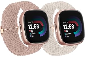 BXKM 2 Pack Braided Strap Compatible with Fitbit Versa 4/3/Sense 2/Strap, Soft Adjustable Nylon Breathable Solo Loop Fabric Watch Band for Women