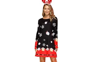 For G and PL Damen Weihnachten Rundausschnitt Langarm Mini Kleid Xmas Druck Party Kostüm S-XXL