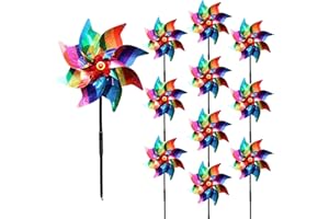 JREMREO 10 Stück 24,1 cm Regenbogen-Windräder, Windmühle, Windmühle, Windspiel für den Außenbereich, Hof, Garten, Rasen, Vogelabwehr, Kunststofffolie, reflektierend, bunte Pin-Räder für