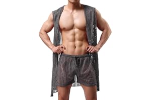 TIWATE Men's Sexy Hooded Sleeveless Robes Set See Through Towel Bath Robe Nightwear Mesh Transparent Bathrobe
