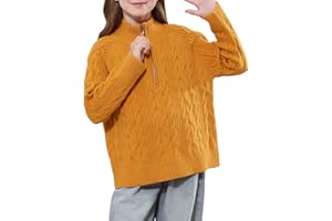 GroYolan Pull Fille Demi-Zip Col Montant Maille Torsadée Manches Longues, Pull Hiver Fille, Chaud Doux Confortable, Pull-Over Tricot, Automne-Hiver, 5-15 Ans