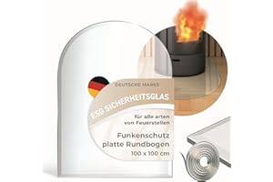 IOMANGIO Funkenschutzplatte Glas Rundbogen 100x100cm – Glasplatte für Kaminofen - Kaminglas Zunge mit Dichtlippe - 8mm ESG Kamin Glasplatte mit Facettenschliff – Kaminschutz Feuerplatte für Kaminofen