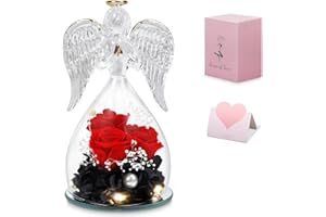 Pilipane Real Rose Angel Figurines with Light, Preserved Forever Rose in Glass Dome Guardian Angel Ornaments, Praying Angel Dome for Mom Wife for Birthday Anniversary Xmas Valentines Day