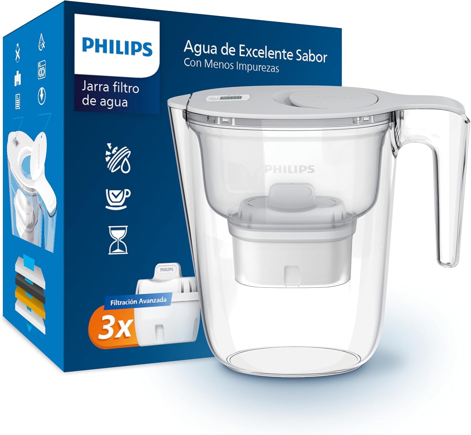 Philips Water Filtro de jarra + 3 cartuchos de filtro de repuesto, Filtración Avanzada, flujo rápido, temporizador electrónico, filtra CLORO, CAL, metales pesados y MICROPLÁSTICOS, capacidad 2,6 L