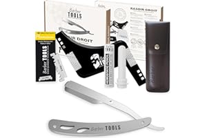 BARBER TOOLS Kit di rasatura – Rasoio da barbiere con lama intercambiabile + 40 doppie lame (80 lame singole) + panno + stick di alun + custodia + asciugamano da barba + pettine per il contouring