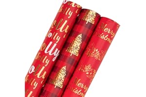 Holijolly Papier d'emballage de Noël rouge - Mini rouleau avec feuille métallique - Guirlande/Arbre de Noël/Lettres "Holly Jolly" pour l'emballage des cadeaux - 43.2cm×305cm - 3 rouleaux