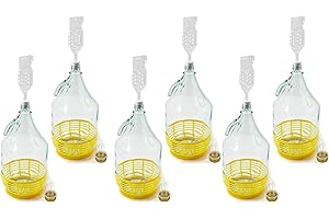 WYSKONT Bouteille bonbonne à col étroit avec bouchon à vis, panier de protection, sas et bouchon pour la fabrication du vin, la fermentation, le stockage des boissons, verre transparent, 6 x 5 L