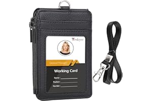 Teskyer Porta Badge da Collo, Porta Carte con Tasca con Cerniera, 1 Finestra Identificativa, può Contenere Fino a 4 Carte, Pelle PU, con Cordino in Nylon, Lichee Nero