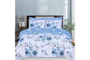 DTEX HOMES Double Duvet Set 100% Pure Cotton Reversible Printed Hotel Quality Duvet Cover Ultra Soft Easy Care double bedding Set Super Soft and Luxury Duvet Cover Sets (Roses Blue)