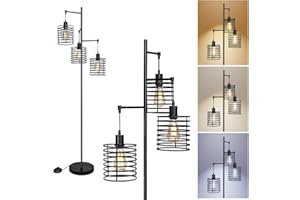 FIRVRE Industriale Lampade da Terra 3 Luci Lampada Vintage in Piedi con Paralumi a Gabbia Diamante Metallo Nero Agriturismo Rustico Lampada ad Albero Alto