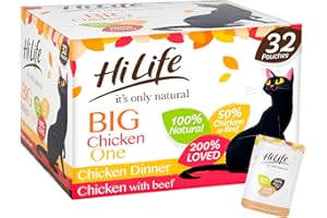 HiLife it's only natural The Chicken One Complete Adult Wet Cat Food, Chicken Dinner/Chicken with Beef in Jelly, Grain Free & Made With 100% Natural Ingredients (32 Pouches x 70g)