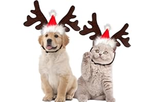 LYNBLY Diadema De Navidad para Mascotas, marrón Perro Gato Cuernos de Reno con Rojo Sombreros de Navidad, Diadema Ajustable para Mascotas, para Fiestas de Navidad, Decoraciones para Fiestas