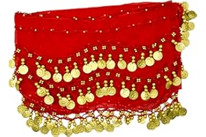 PAITOK Écharpe de hanche de danse orientale, ceinture de danse pour femmes avec 128 pièces d’or Écharpe de danseuse Costumes Jupe de danse enveloppante pour filles
