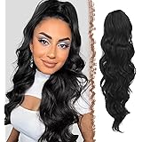 FESHFEN Extension Coda Capelli Lunga Posticci per Capelli Ondulati Ricci Coda Cavallo Capelli Extensions Finta Nero Scuro per
