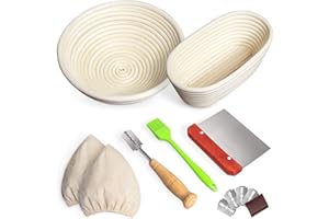 THSTHEAVEN Zestaw 2 koszy do pieczenia chleba, 25 cm, okrągłe i 25 cm, owalne kosze na zakwas, banneton, z kulawym chlebem, skrobakiem do ciasta + wkładka do lnu + szczotka do pieczenia chleba, fermentacji