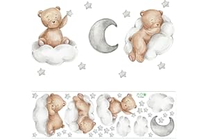 RUMGUG Stickers Muraux Animaux Autocollant Mural Ours Nuages Lune et Étoiles Amovible Art Stickers Ourson Décoration pour Bébé Pépinière Chambre Enfants Salon Murs Portes Salle De Bain Fenêtres (A)