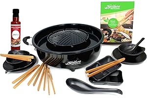 TomYang Hot Pot Professional - avec Livre de Cuisine, Set de Vaisselle de 10 pièces et Sauce Barbecue thaïe. Revêtement antiadhésif Suisse. Le Gril thaï et Le Hot Pot d’Origine. BBQ Thai, BBQ coréen