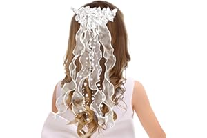 BOFUNX Mädchen Kommunion Haarschmuck Haarkamm Erstkommunion Kopfschmuck mit Weiß Blüten Perlen Organza Bänder für Kommunion Hochzeit Blumenmädchen