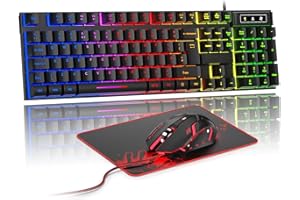Rewurnth Gaming Keyboard and Mouse Set, UK Layout, RGB Backlit Wired Keyboard, Ergonomic 4-Color LED Gaming Mouse, Large Mousepad, USB Plug & Play for PC, Mac, PS4, Xbox