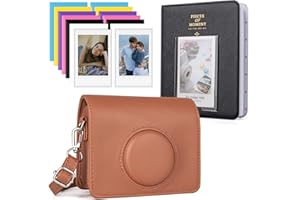 HIYQIN Funda para Instax Mini EVO - Funda Protectora para Cámara Fujifilm Instax Mini EVO con álbum de Fotos y Mini Funda Protectora para Fotos (Marrón + Negro)