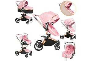 Sianldcone Cuero PU Carrito Bebe 3 en 1, 360° Asientos Giratorios Carro Bebe 3 Piezas, Empuje Bidireccional Carros Para Bebes, Visión Abierta Silla Paseo Reversible (906 Pink)
