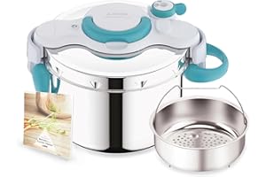 SEB ClipsoMinut' Easy+ 6L, Ouverture facile à une main, Gain de place, Cocotte-minute® induction, Fabriqué en France, Autocuiseur Inox, Bleu P4900716