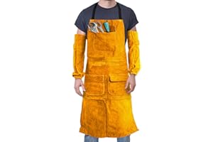 LESOLAR Carpenters Tool Apron Leather Welding Apron with Sleeves, Woodworking Apron with Pockets,Heat Resistant Flame Retardant Workshop Supplies