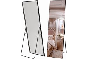 Marctani Espejo de Pie Cuerpo Entero - Espejo Grande y Largo Esquinas Cuadradas - con Soporte Trasero - Montaje Pared y Apoyado - Marco de Metal para Dormitorio, Baño o Salon (Negro 140x40)