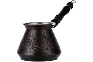 DEMMEX Thick Copper Turkish Greek Arabic Coffee Pot 450 ml, Traditional Hand Engraved Cezve Ibrik Briki with Wooden Handle & Spoon, Handmade in Turkey (Antique)