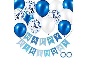 OHugs Birthday Decorations for Boys - Blue Happy Birthday Banner with Metallic Blue, White & Confetti Balloons, Ribbon, Wall Hooks - Boys Birthdays Party Supplies & Decor