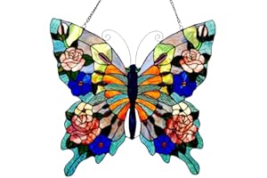 YEYERT Butterfly Stained Windows Hanging Suncatcher,Flower Butterfly Stained Glass Suncatchers Window Ornament Stained Glass Panel Sun Catcher Wall Hanging Decor Birthday Gift