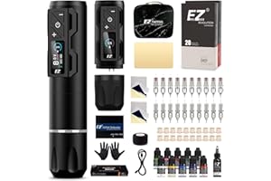 EZ TATTOO EZ Kit de Tatuaje - Kit de Máquina de Tatuar con Máquina de Tatuar Inalámbrica, Batería de Alimentación de 1800mAh, 20piezas Agujas Tatuaje y 11 Color Tintas para Tatuadores (P2S Pro Negro)