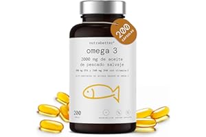 Omega 3 capsulas 2000mg | 200 Perlas | 600mg de Omega-3 puro + Vitamina E | Certificado FOS y MSC | Ácidos Grasos Omega 3 para Salud del Corazón, Cerebral y de la Presión Sanguínea | nutrabetter®