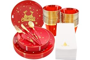 KAHEIGN 175Pcs Resuable Christmas Dinnerware Set, Gold Rimmed Red Plastic Dinnerware - 25 Dinner Plates, 25 Salad Plates, 25 Knives, 25 Forks, 25 Spoons, 25 Napkins for 25 Guests Christmas Party