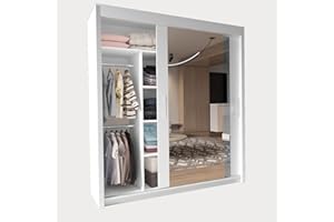 INTERWOOD 2&3 Mirror Sliding Door wardrobe for Bedroom Furniture with Shelves,Hanging Rails (White, 203cm)