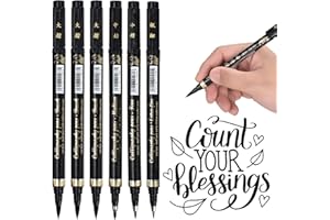 DEALKITS 6 bolígrafos de caligrafía de secado rápido, rotuladores de caligrafía con 4 tamaños, rotuladores de fibra con pincel, color negro, para escribir a mano, diarios, firmas y dibujos.