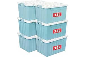 Cetomo 15L*6 Boîtes de Rangement avec Couvercles, Boîte de Rangement en Plastique avec Fermetures à Clipser, Empilable, Encastrable, pour Placard de Bureau à Domicile, Bleu, 15L, Lot de 6